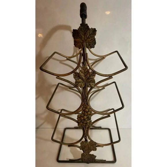 6 Wine Holder Bottle Chrome Brass Metal Rack Handle Grape Leaf Design Black Gold - Picture 2 of 8